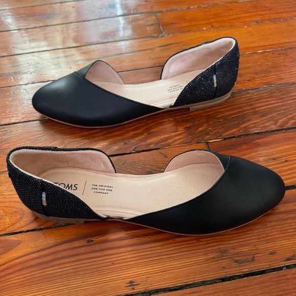 TOMS Julie d'Orsay Flats Black Leather Canvas Heeled Loafer Size 10 Like New - Picture 10 of 11